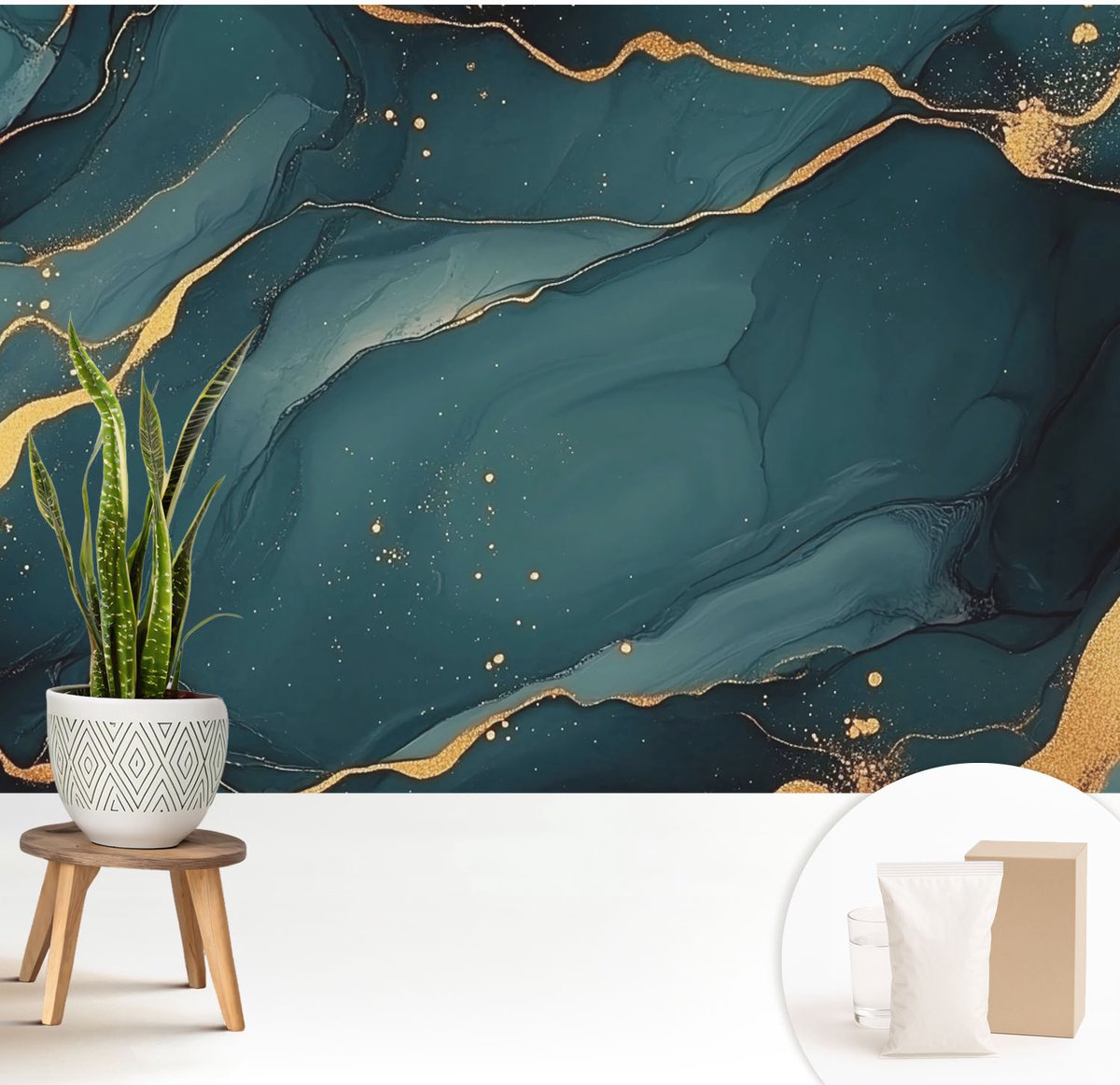 Wallfluent Fotobehang - Turkoois Vliesbehang - 208x146 cm - Donkerblauwe Abstractie Muurschildering - Gang behang Abstractie - Fotobehang Vlies - Slaapkamer behang