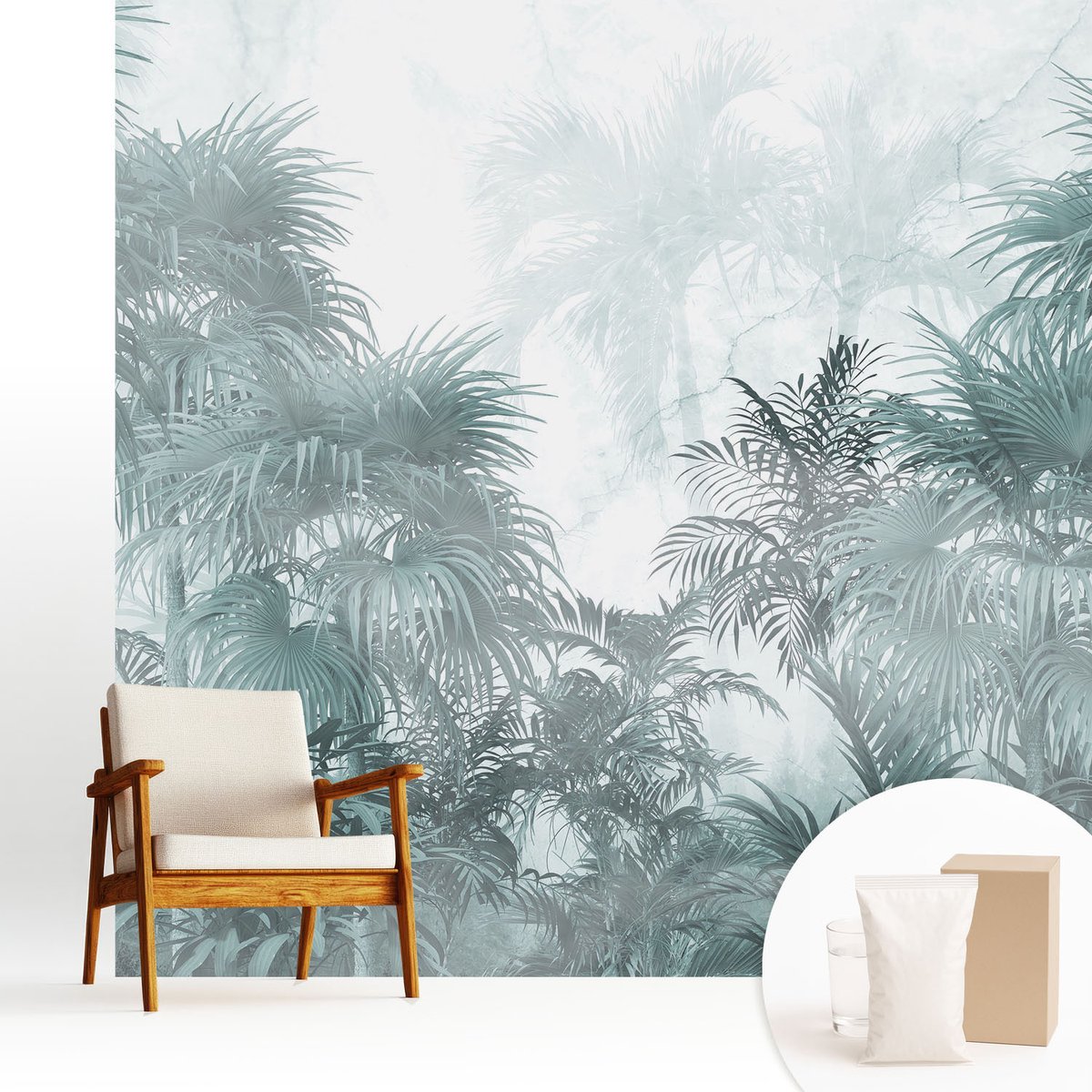 Wallfluent Fotobehang - Blauw Vliesbehang - 250x250 cm - Exotisch Groen Muurschildering - Gang behang Bloemen En Planten - Fotobehang Vlies - Gang behang