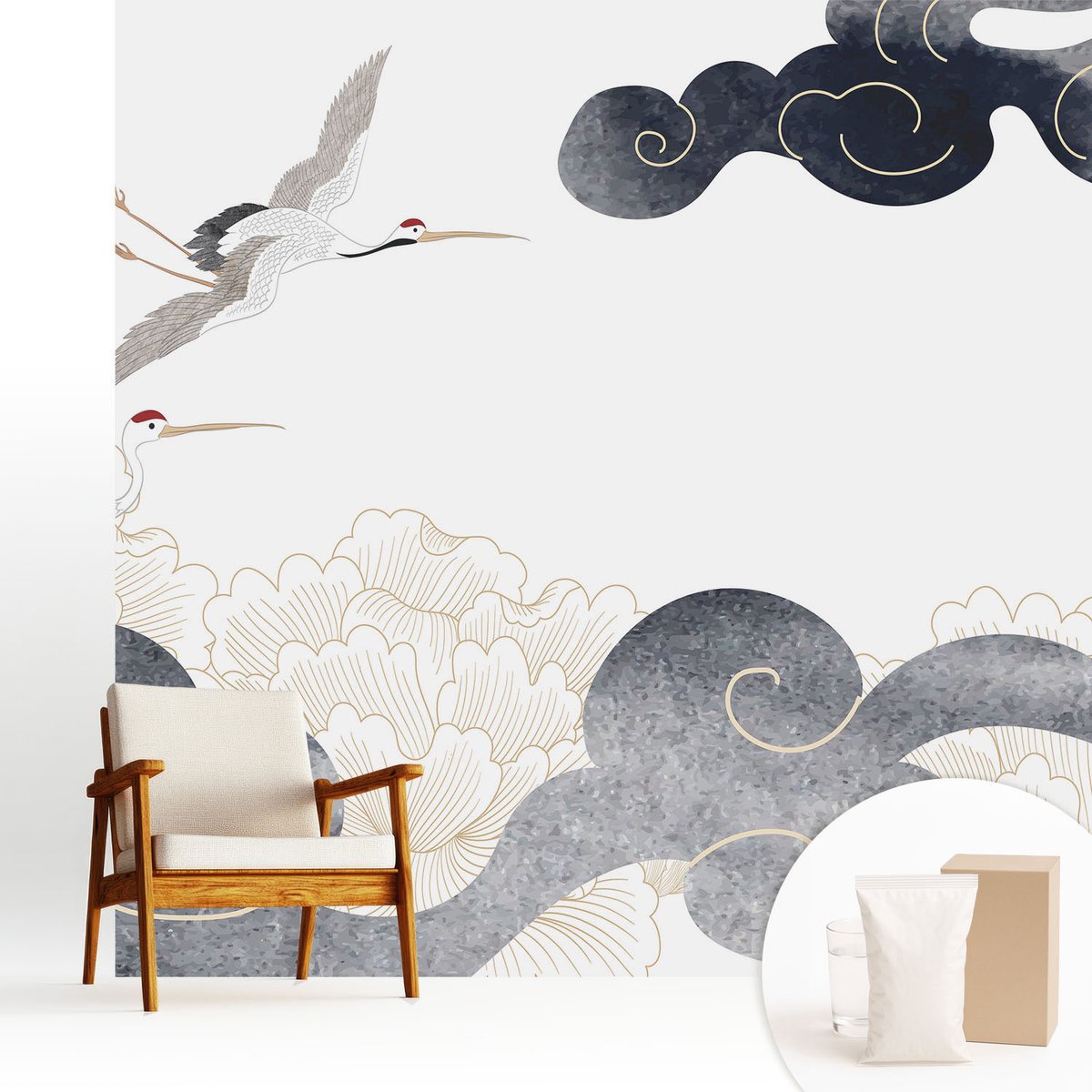 Wallfluent Fotobehang - Wit Vliesbehang - 250x250 cm - Kraanvogels In Vlucht Muurschildering - Gang behang Dieren - Fotobehang Vlies - Slaapkamer behang