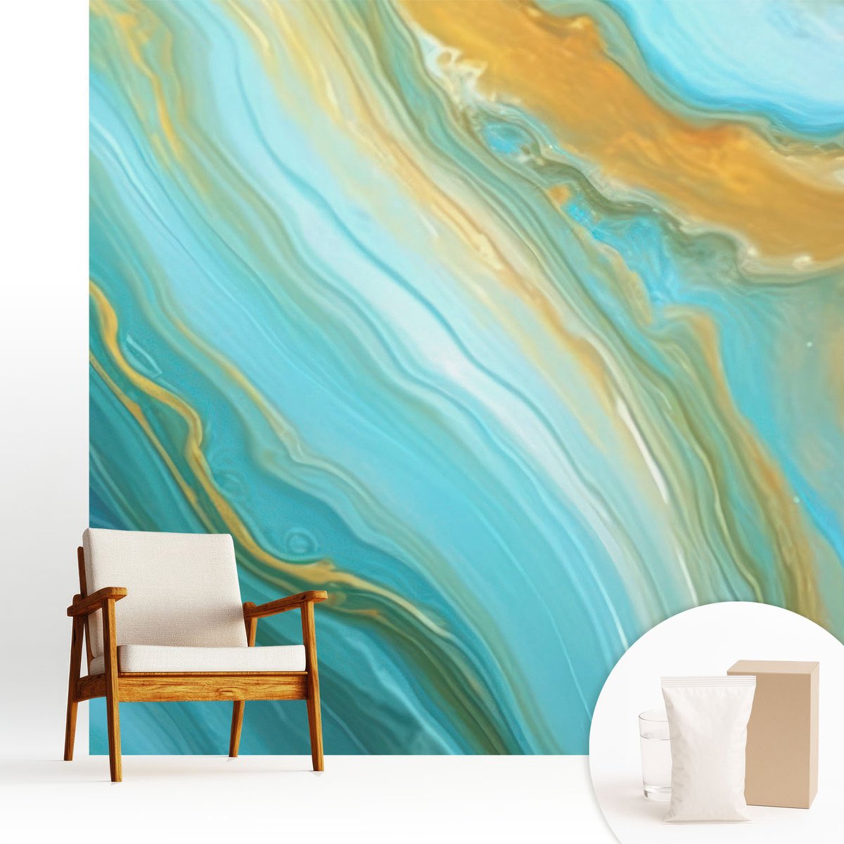 Wallfluent Fotobehang - Blauw Vliesbehang - 250x250 cm - Abstracte Golven Fotobehang Vlies - Woonkamer behang Abstractie - Muurschildering - Woonkamer behang