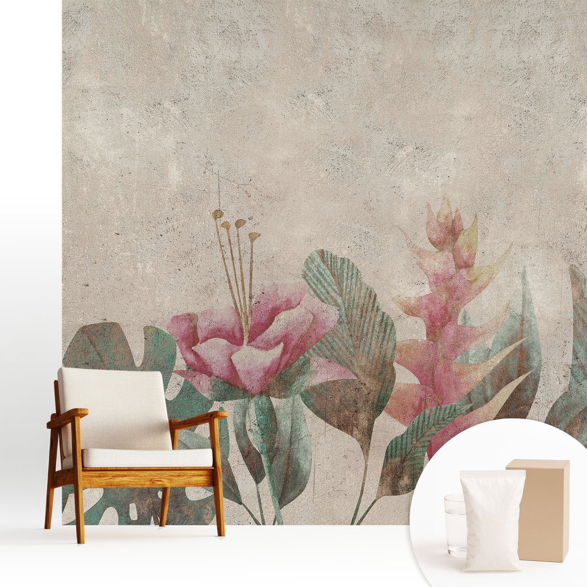 Wallfluent Fotobehang - Beige Vliesbehang - 250x250 cm - Subtiele Flora Muurschildering - Gang behang Bloemen En Planten - Fotobehang Vlies - Slaapkamer behang