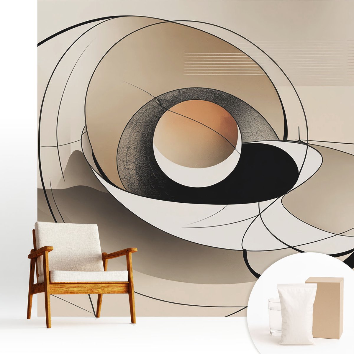 Wallfluent Fotobehang - Beige Vliesbehang - 250x250 cm - Harmonieuze Abstractie Muurschildering - Slaapkamer behang Abstractie - Fotobehang Vlies - Slaapkamer behang