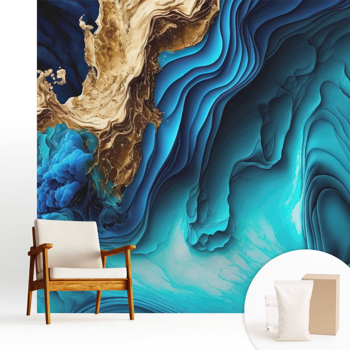 Wallfluent Fotobehang - Blauw Vliesbehang - 250x250 cm - Energiegolven Muurschildering - Slaapkamer behang Abstractie - Fotobehang Vlies - Gang behang