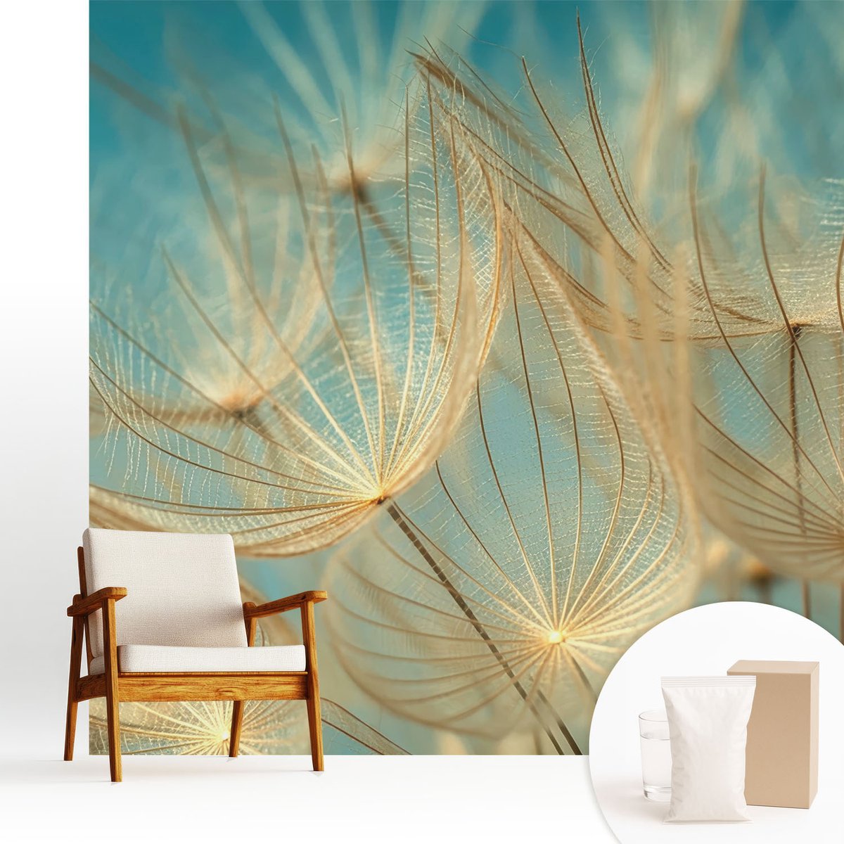 Wallfluent Fotobehang - Beige Vliesbehang - 250x250 cm - Etherische Paardenbloemen Fotobehang Vlies - Hal behang Bloemen En Planten - Muurschildering - Woonkamer behang