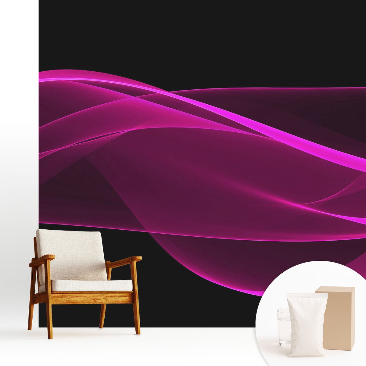 Wallfluent Fotobehang - Zwart Vliesbehang - 250x250 cm - Roze Linten Fotobehang Vlies - Woonkamer behang Abstractie - Muurschildering - Woonkamer behang