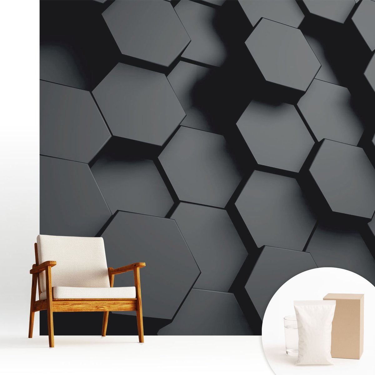 Wallfluent Fotobehang - Zwart Vliesbehang - 250x250 cm - 3D-Zeshoeken Muurschildering - Slaapkamer behang Geometrie - Fotobehang Vlies - Slaapkamer behang