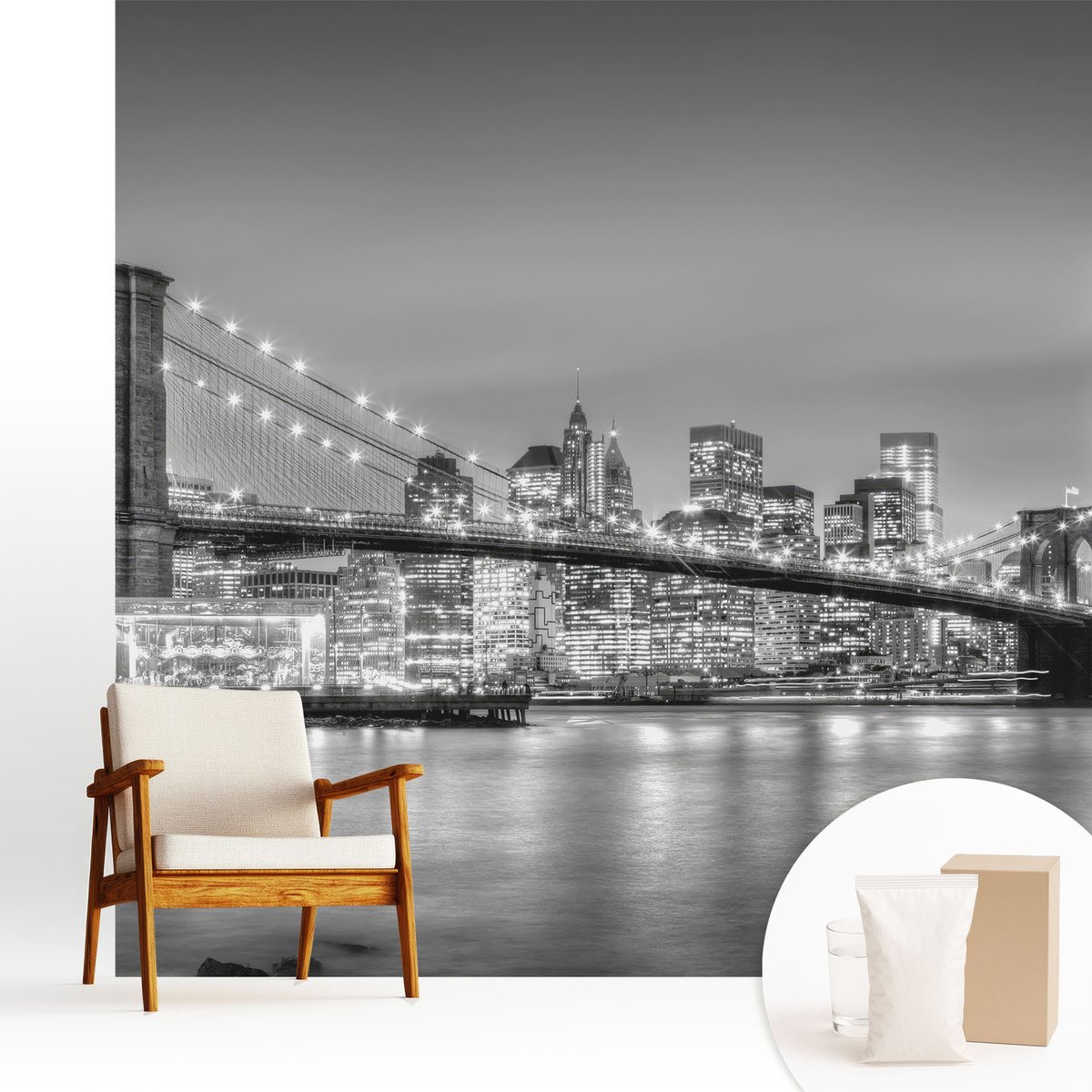 Wallfluent Fotobehang - Zwart-Wit Vliesbehang - 250x250 cm - De Metropoolbrug Muurschildering - Slaapkamer behang Steden - Fotobehang Vlies - Slaapkamer behang