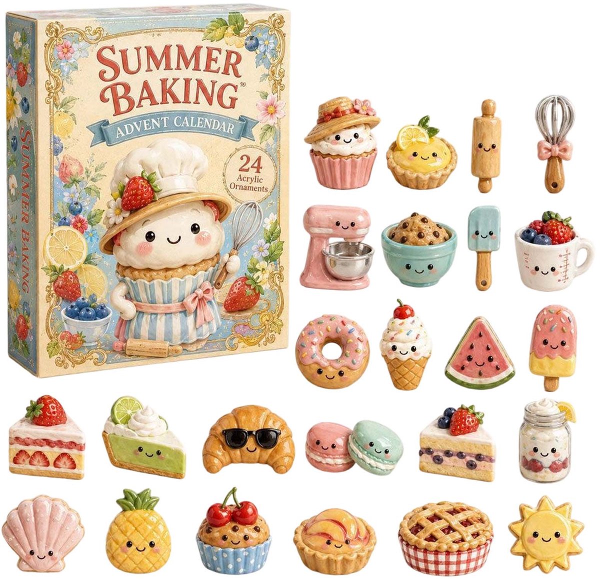 Zomer bakken thema adventskalender 2026 met 24 stuks 2D acrylornamenten- schattige gebakjes en dessert hangdecoraties voor kerstboom- feestelijk cadeau voor bakliefhebbers