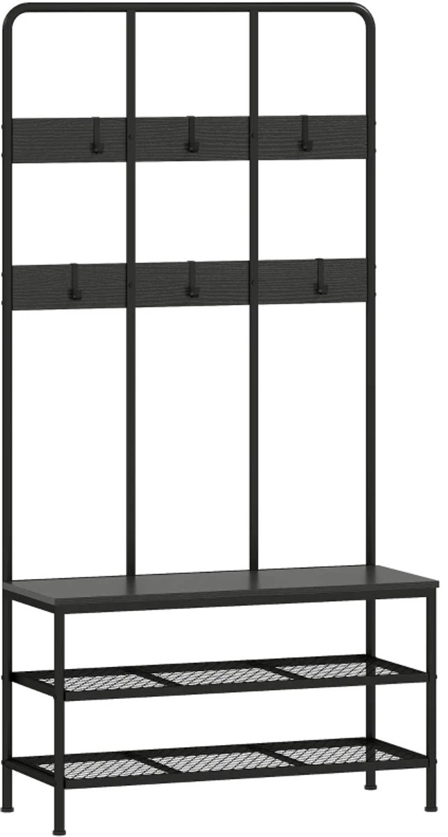 ZYLARO Kapstok - 3-in-1 - Kapstokhaak - Bankje - Schoenenrek - Metaal - Spaanplaat - Zwart