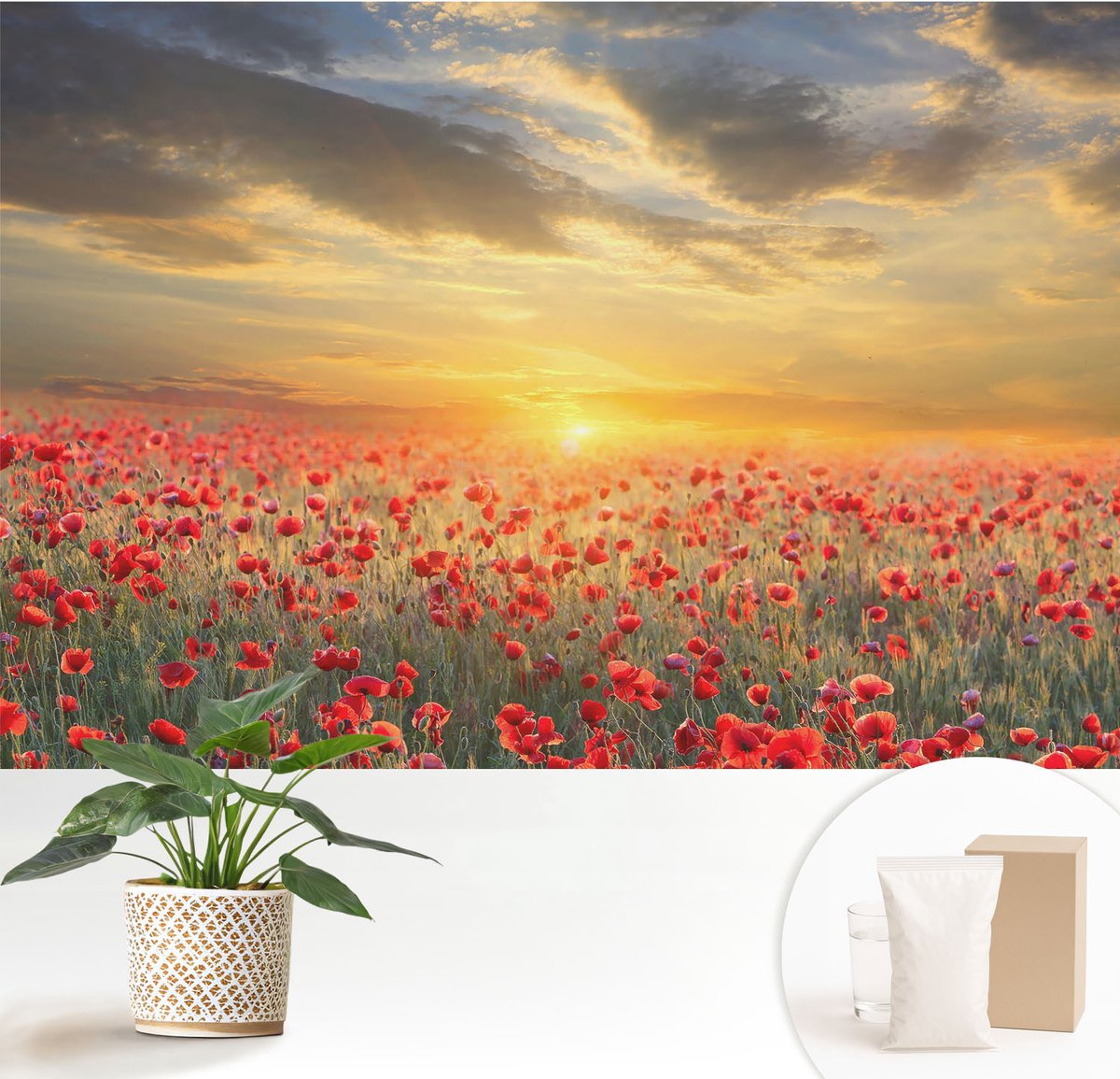 Wallfluent Fotobehang - Rood Vliesbehang - 152x104 cm - Papaverveld Muurschildering - Gang behang Bloemen En Planten - Fotobehang Vlies - Slaapkamer behang