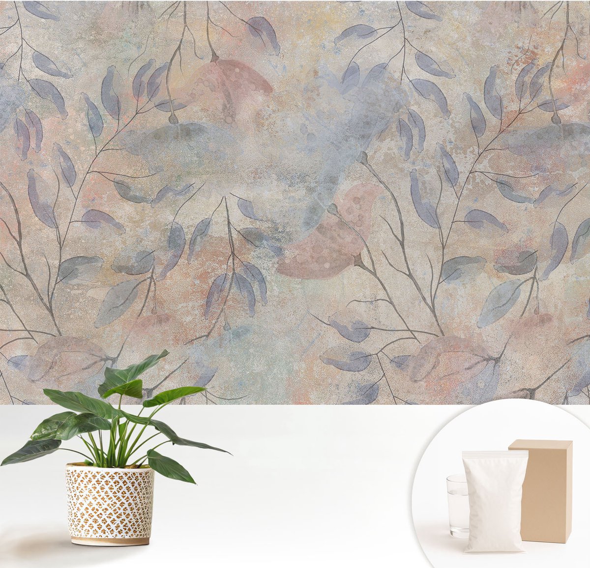 Wallfluent Fotobehang - Grijs Vliesbehang - 152x104 cm - Abstracte Bladeren Fotobehang Vlies - Hal behang Bloemen En Planten - Muurschildering - Hal behang