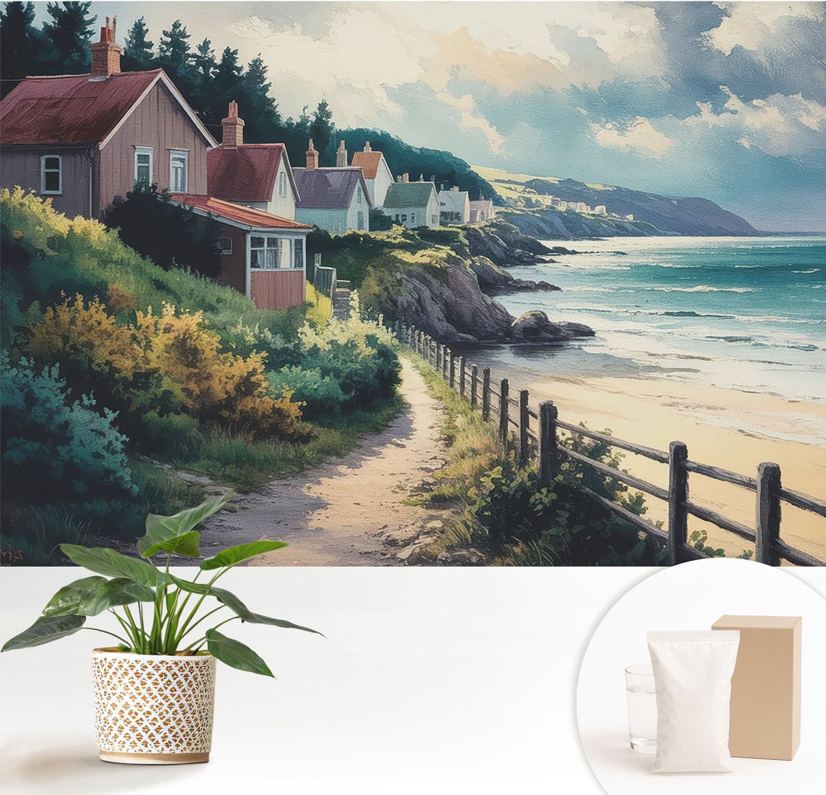 Wallfluent Fotobehang - Groente Vliesbehang - 152x104 cm - Klifhuizen Fotobehang Vlies - Hal behang Landschappen - Muurschildering - Hal behang