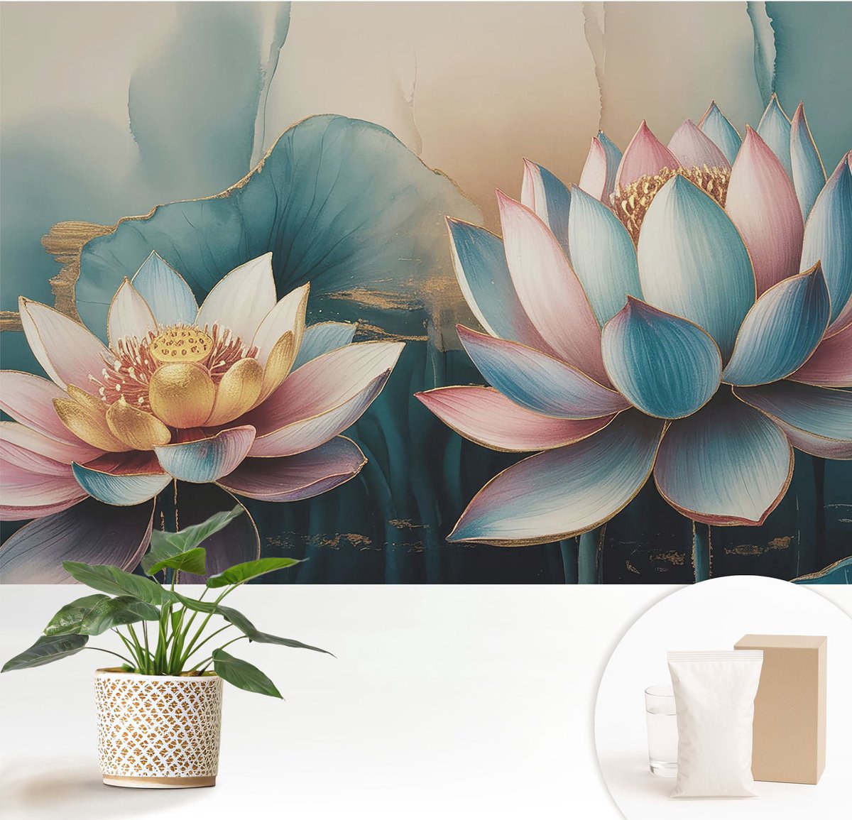 Wallfluent Fotobehang - Blauw Vliesbehang - 152x104 cm - Lotusbloemen Van Harmonie Fotobehang Vlies - Hal behang Bloemen En Planten - Muurschildering - Woonkamer behang
