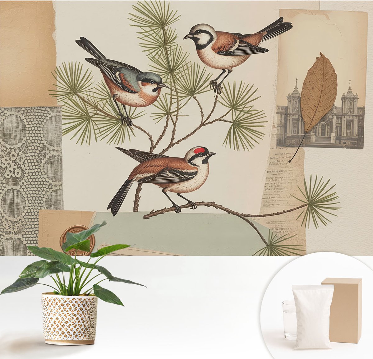 Wallfluent Fotobehang - Bruin Vliesbehang - 152x104 cm - Vogelcollage Muurschildering - Gang behang Deel - Fotobehang Vlies - Gang behang