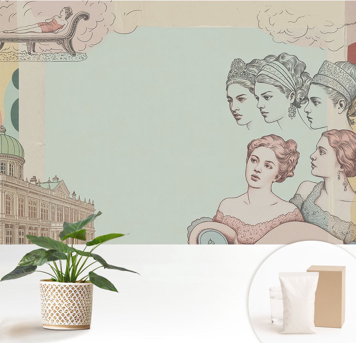 Wallfluent Fotobehang - Beige Vliesbehang - 152x104 cm - Klassieke Collage Fotobehang Vlies - Hal behang Deel - Muurschildering - Hal behang