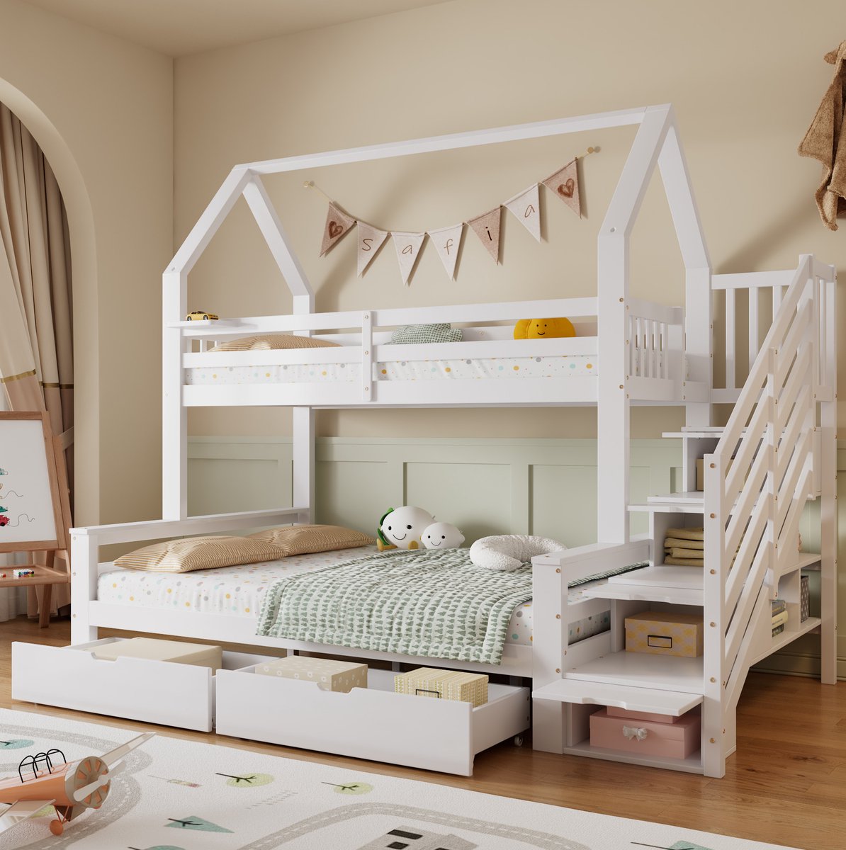 WUVRIE Kinderstapelbed 90x200 en 140x200 cm met trapkast, 2 bedlades en veiligheidshek, wit