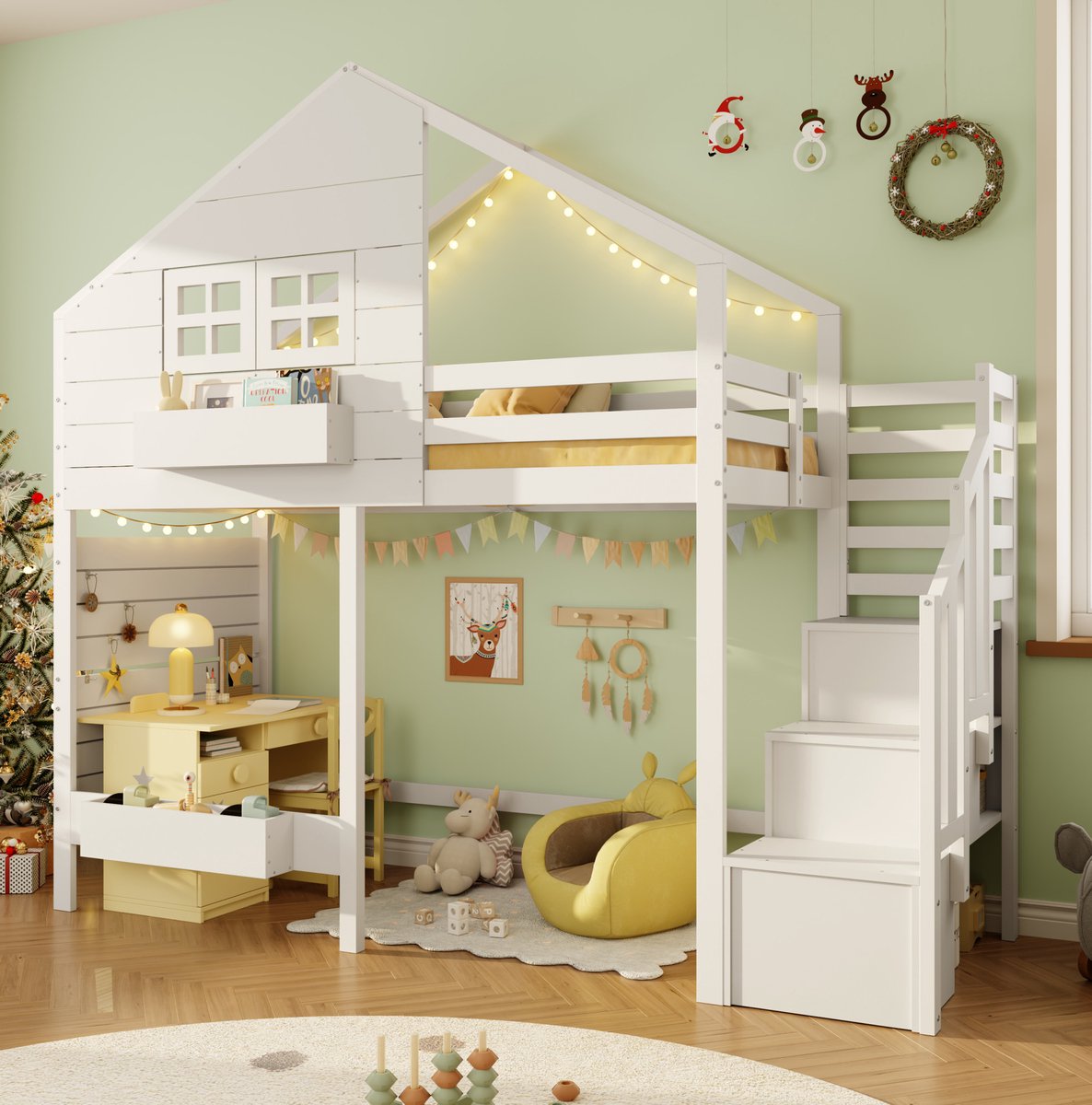 WUVRIE Stapelbed 90x200 cm met huisvorm, valbeveiliging en opbergtrap, wit
