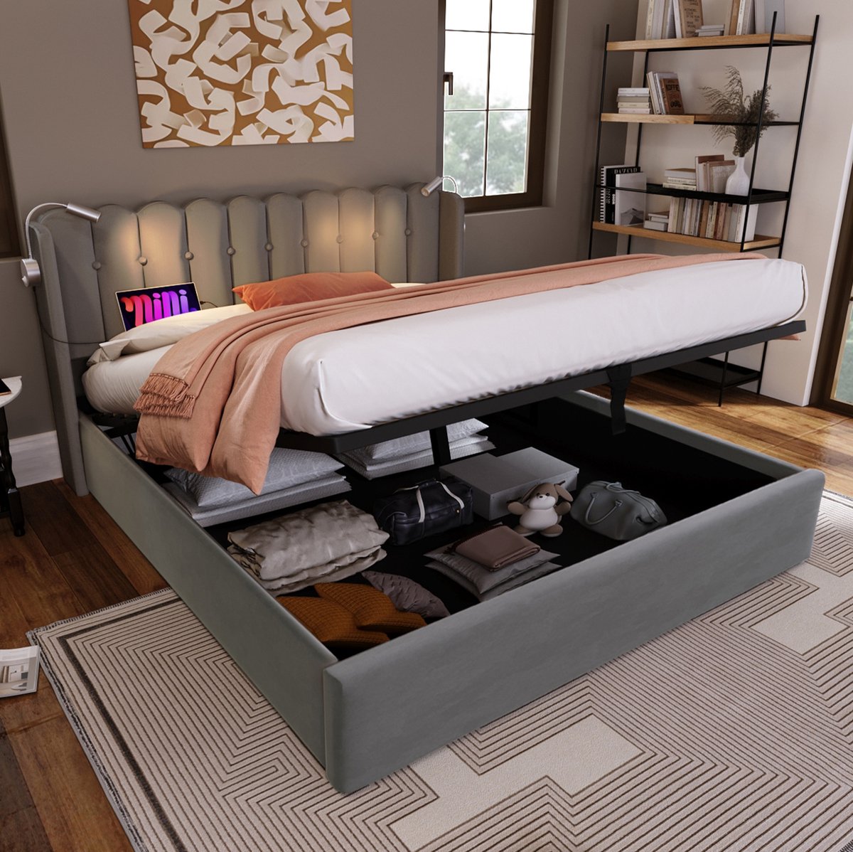 WUVRIE Tweepersoonsbed 160x200 cm met opbergruimte, leeslamp, 2 USB-poorten en lattenbodem, grijs