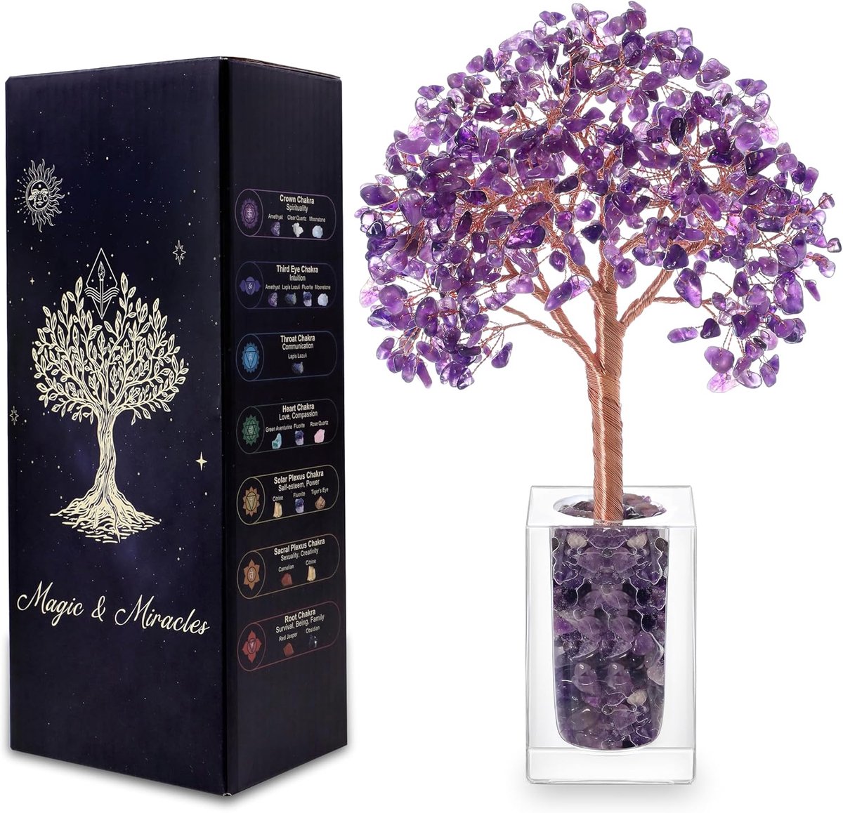Kristallboom Levensboom Edelsteenboom met glazen voet voor rust, intuïtie & balans Feng Shui Decor Geluksbrenger Cadeau voor thuis, 23 cm