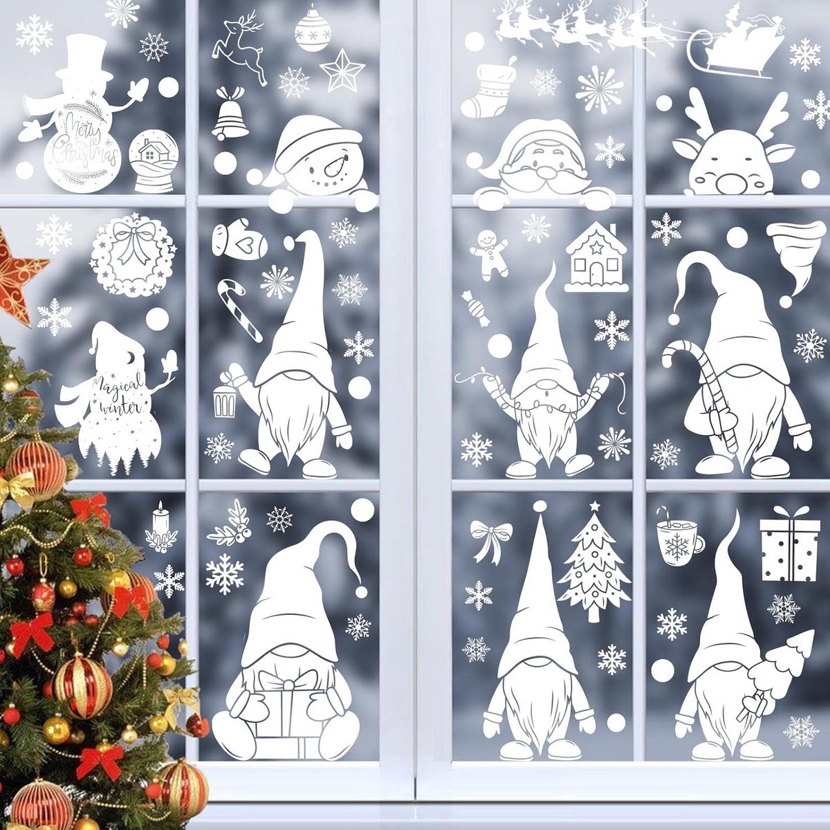 Kerststickers voor ramen, 9 stuks, Kerstmis, muurstickers, sneeuwvlok, Kerstmis, sneeuwpop, eland, deur, decoratie, raam, doe-het-zelf, elektronische stickers