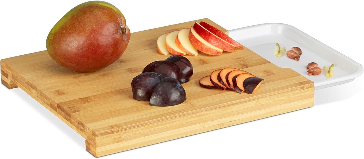 Snijplank bamboe, met uitschuifbare opvangbak, HxBxD: 3 x 30 x 25 cm, voor brood, natuur/wit