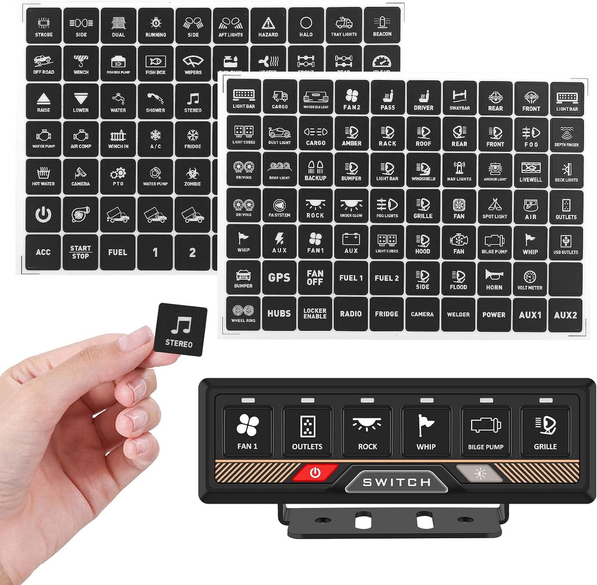 140 stuks voertuig paneel stickers voor P2-6/8/12 schakelpanelen. Universele waterdichte multifunctionele toetsenlabels voor tuimelschakelaars. Compatibel met dashboards