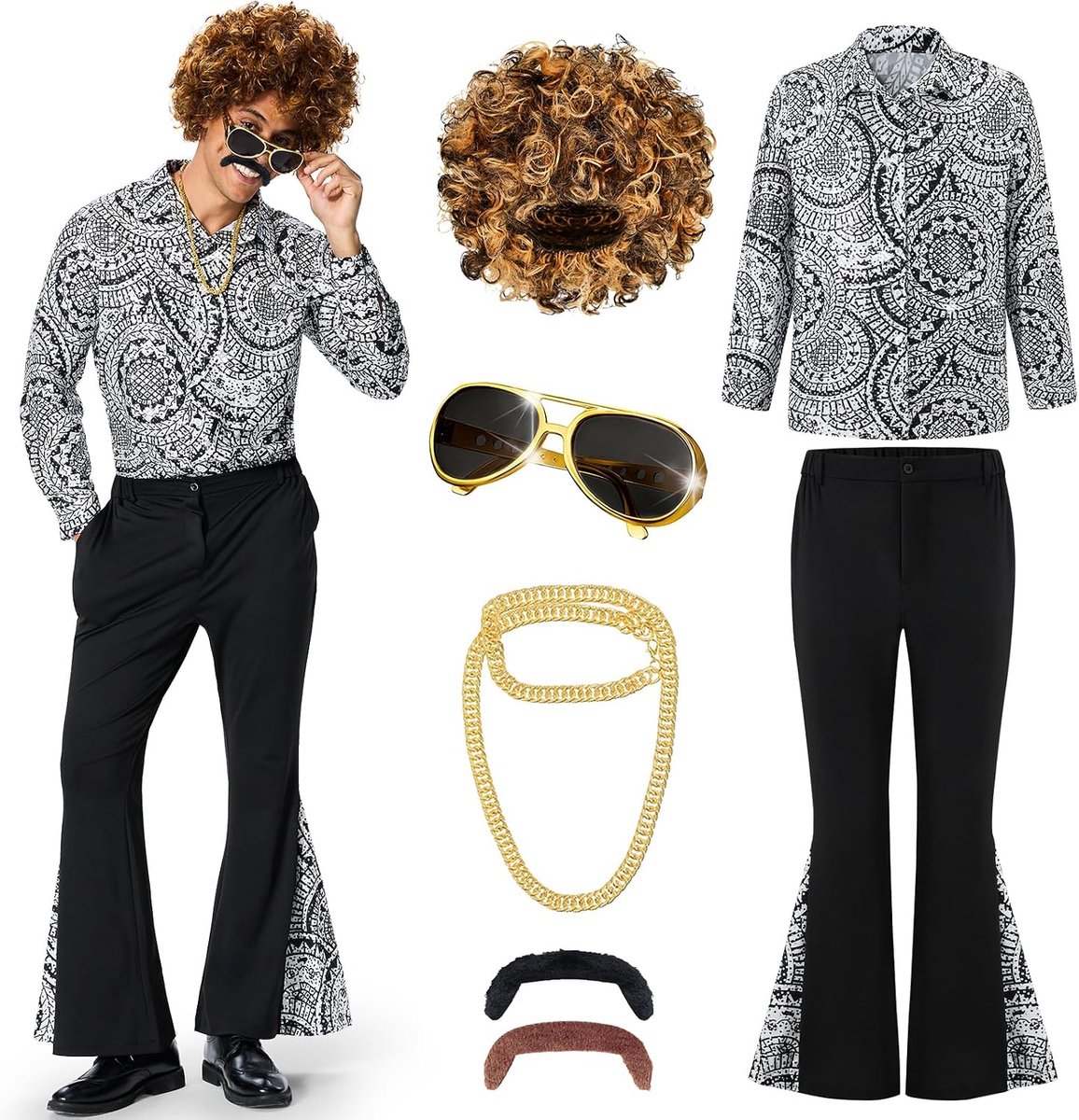 Kostuum jaren '70 voor heren, jaren 6070 outfit voor heren, retro hippie-kostuumset met pruik, overhemd, broek met olifantenpoten en discoaccessoires voor carnaval