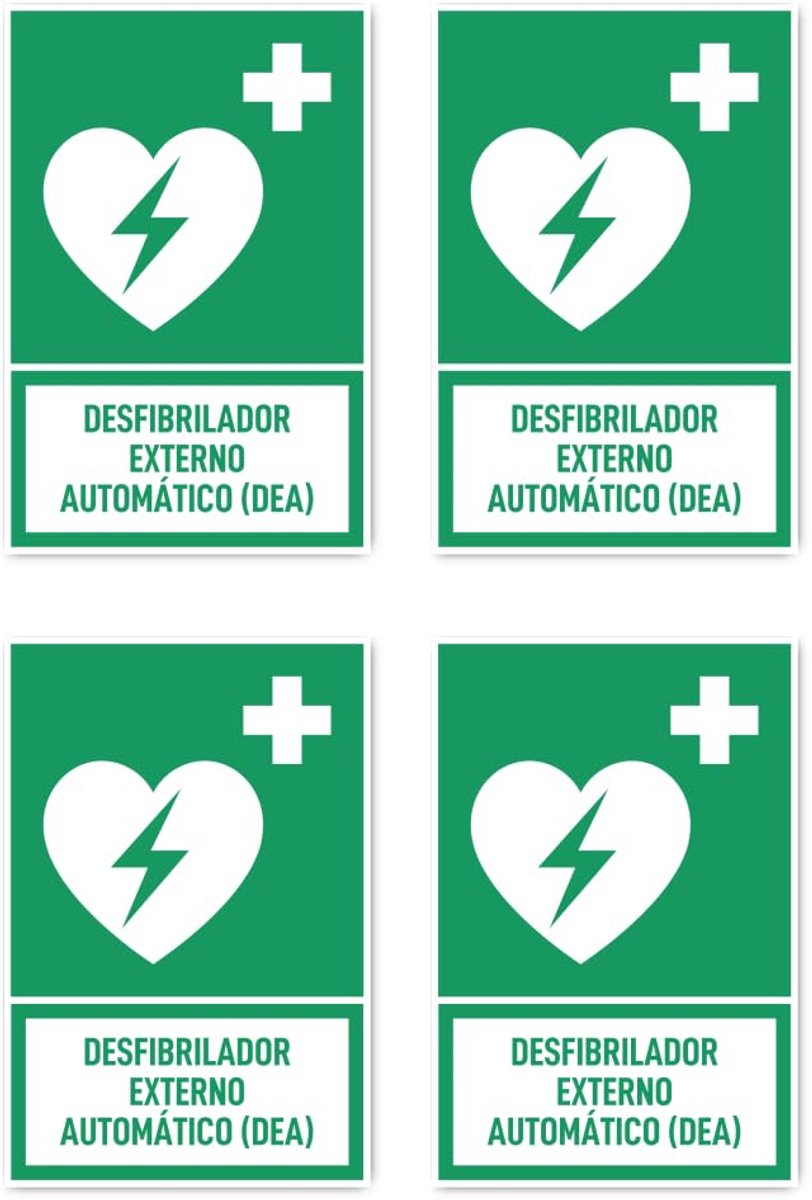 150 x 100 mm, 4 stuks - geautomatiseerde externe defibrillator (AED) - taal: Spaans - reddingsteken met tekst (groen/wit) - rechtop - E010 - DIN EN ISO 7010
