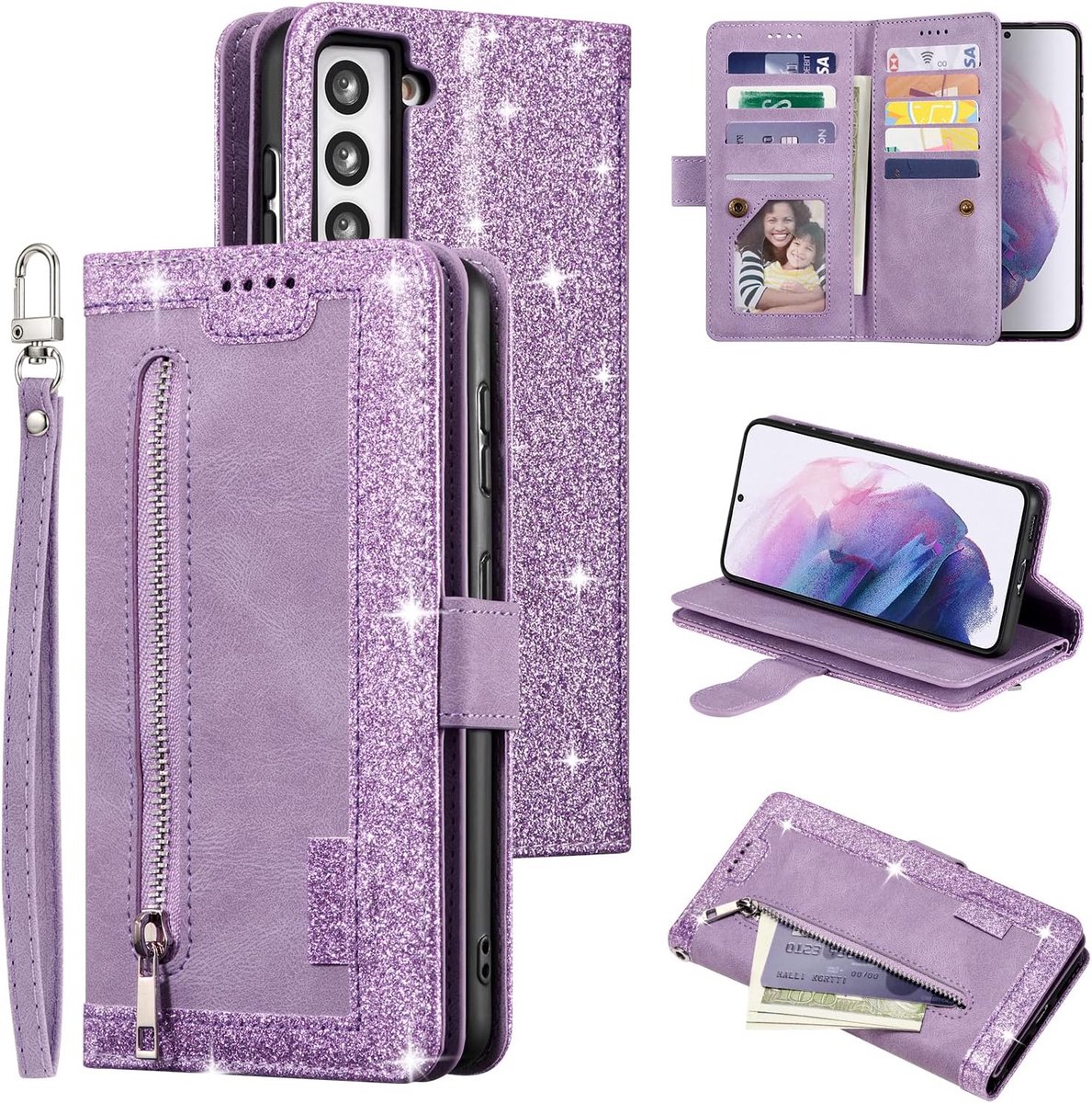 Hoes voor mobiele telefoon voor Samsung Galaxy S22 5G, flip case, lederen hoes, ritssluiting, magneetsluiting, portemonnee met 9 kaartvakken, standfunctie, retro, mat, lederen tasje, glitter