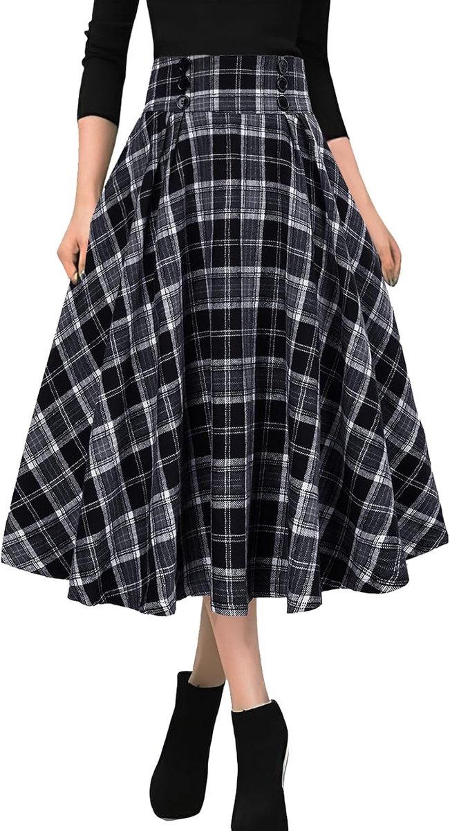 plooirok voor dames, vintage knoopsluiting aan de voorkant, hoge elastische taille, tartan, midi-lengte, A-lijn, uitlopende plooikilt