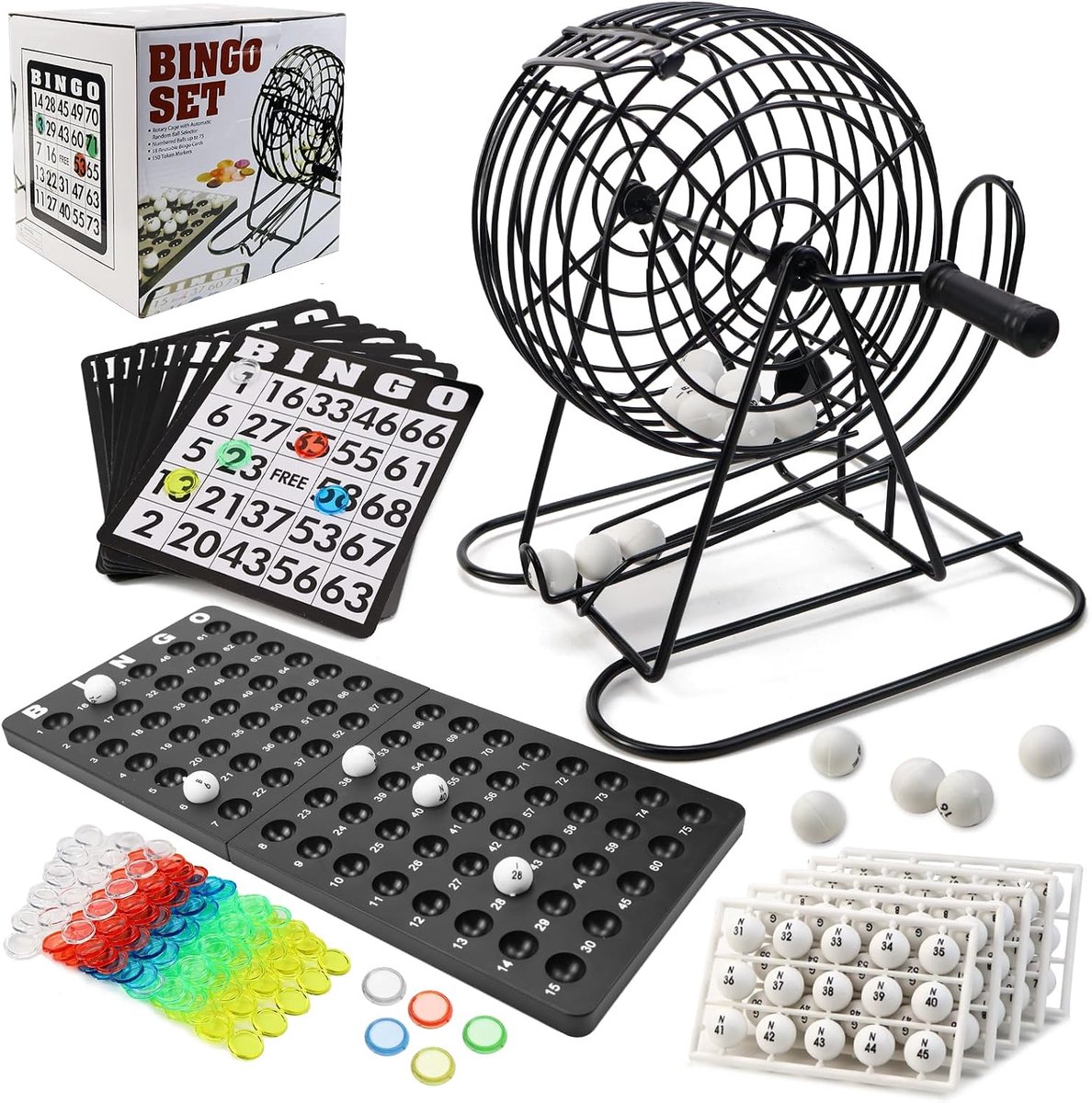 Bingo speelset, metalen trommel, 18 tickets, 75 ballen, 150 chips, speelbord, 500 kaarten, zwart (A)