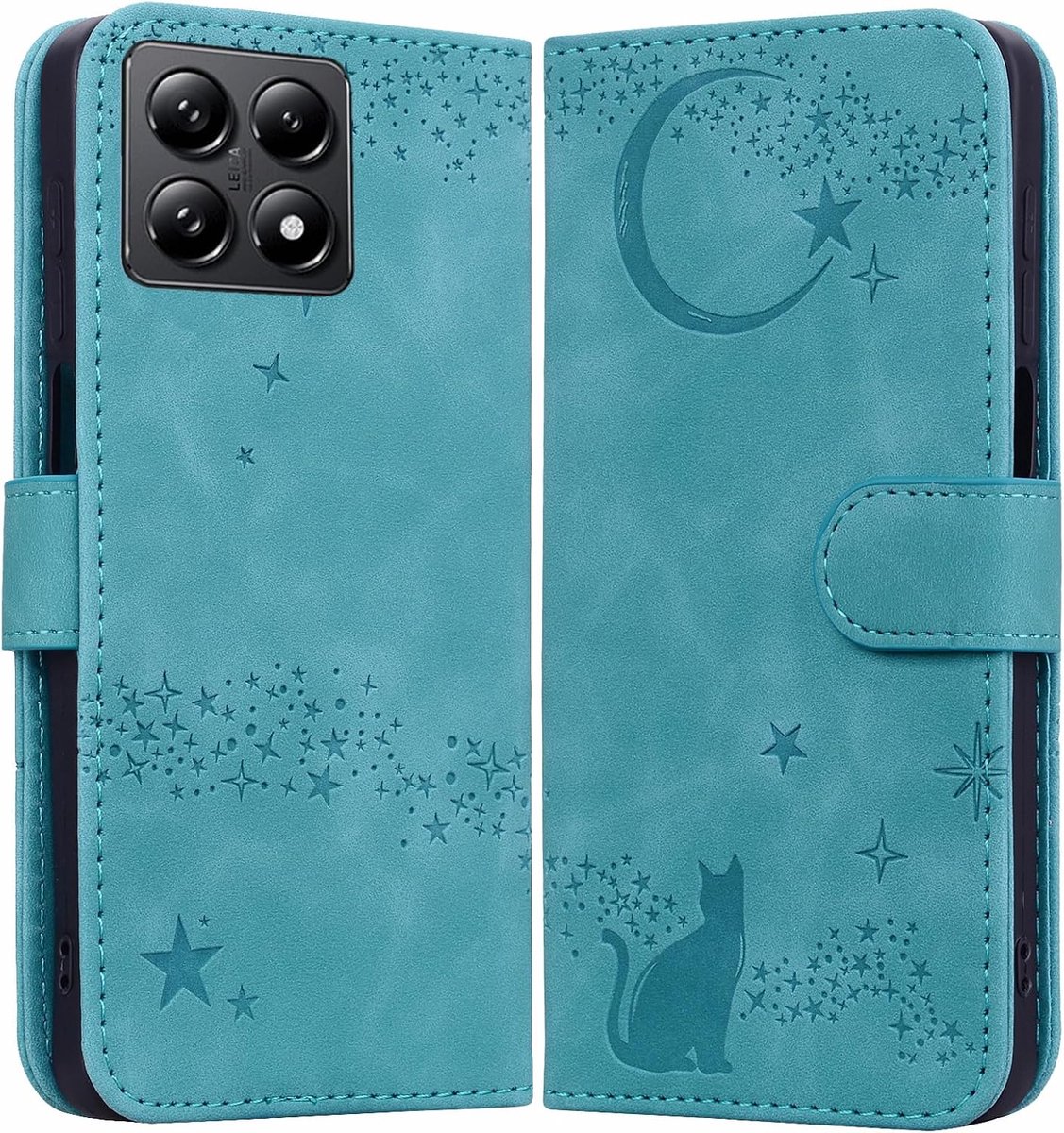 Hoesje voor Xiaomi 14T Pro 5G 6,67 inch 2024 telefoonhoesje met kattenpatroon onder brede sterrenhemel, kunstleer, fliptelefoonhoesje met kaarthouder en standaard voor Xiaomi 14T Pro 5G, groen