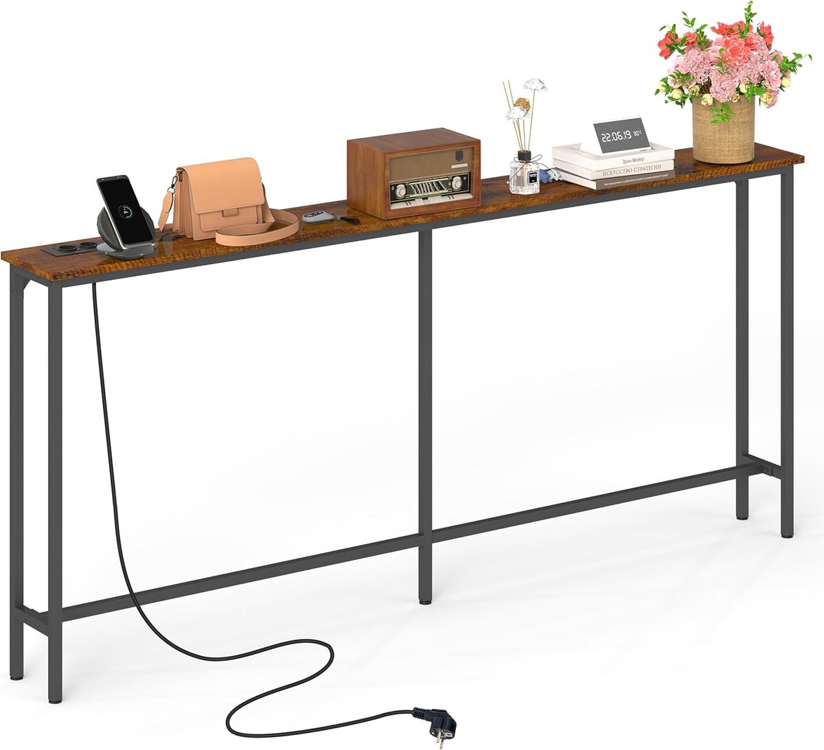 160 cm Brede Consoletafel voor de Hal met Stekkerdoos/Bruin&Zwart/1 Stuk