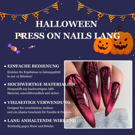 Nagels om op te plakken, 24 stuks Cat Eye press-on nagels, Halloween, donkerrood, spinnenweb, lange vingernagels om op te plakken, volledige cover, kunstnagels, rozerood, kunstnagels, nail art — afbeelding 5