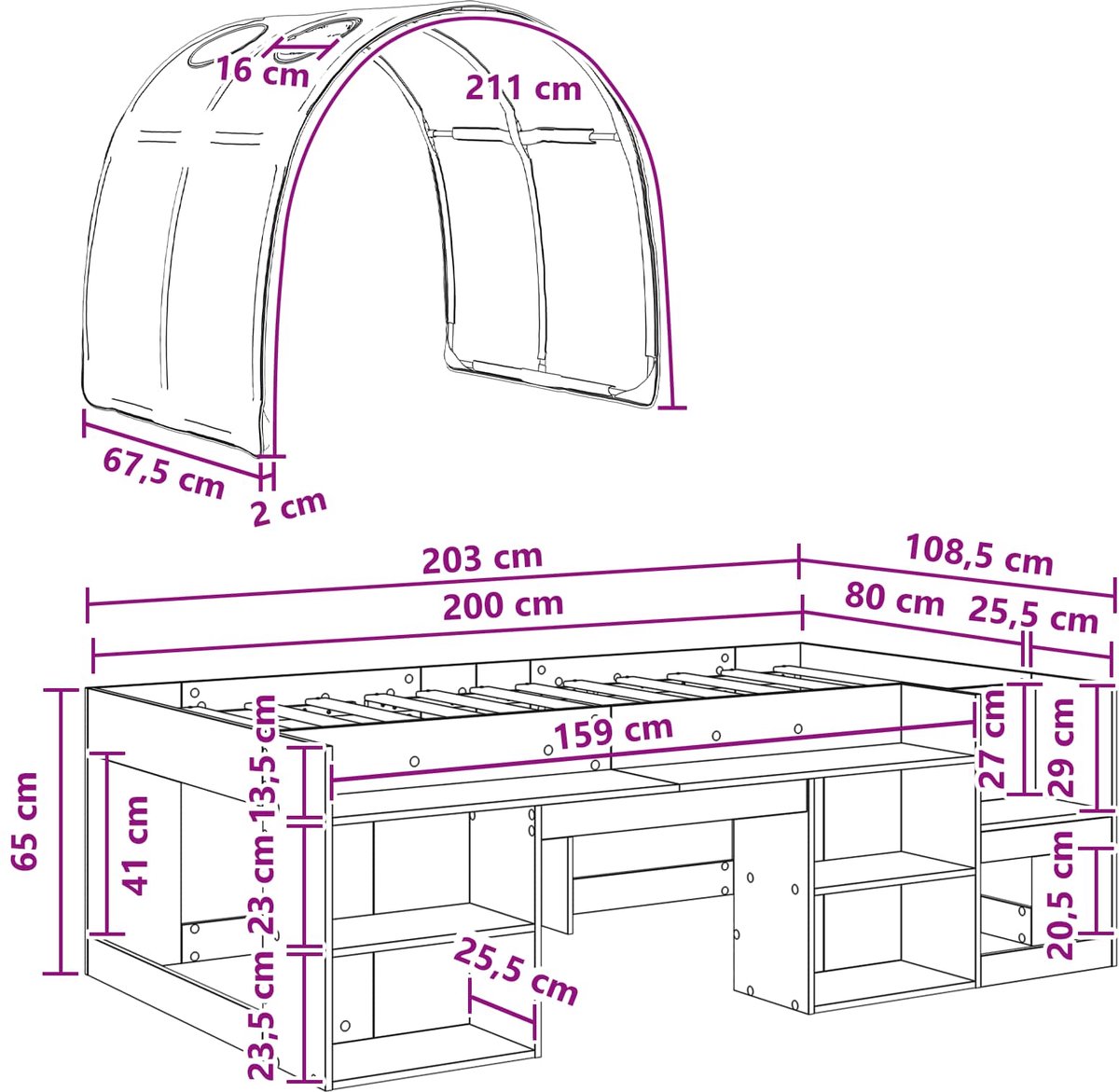 vidaXL Bed - met - Tunnel - met - plank - 3 - st - Sonoma - eiken - en - roze - Bewerkt - hout Sonoma eiken en roze