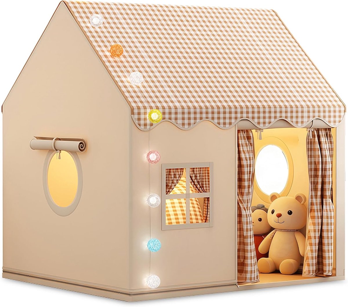 Speeltent Voor Kinderen Binnen Met Decoratieve Verlichting, Geruit Khaki