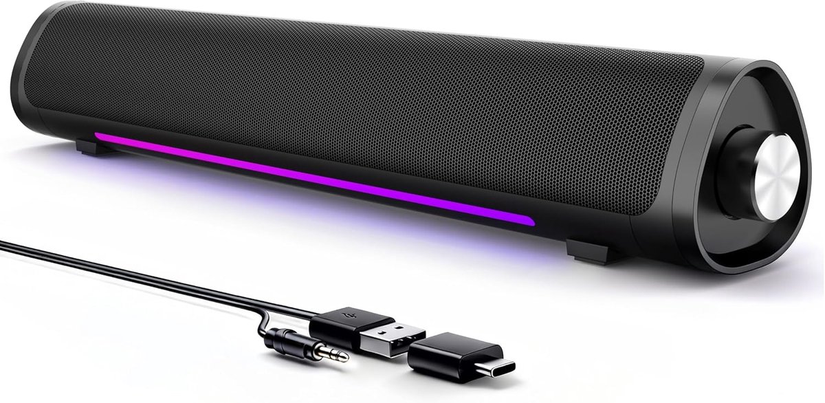 hoogwaardige bedrade soundbar voor pc, plug and play, USB-voeding met 3,5 mm audiokabel, vloeiend paars omgevingslicht, volumeregelknop