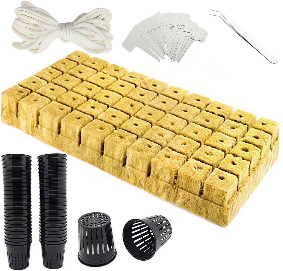 122 stuks steenwol planten zaden kubussen - hydrocultuur mesh net cup kit - Inclusief 50P steenwol kubussen, 50P hydrocultuur, 20 plantenlabels, 1 pincet, 6 m water katoenen touw voor het