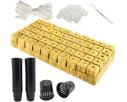 122 stuks steenwol planten zaden kubussen - hydrocultuur mesh net cup kit - Inclusief 50P steenwol kubussen, 50P hydrocultuur, 20 plantenlabels, 1 pincet, 6 m water katoenen touw voor het