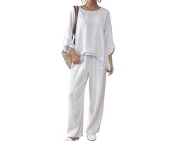 Fakanhui Linnen 2-delige damesoutfits 3/4 mouwen pullover top wijde pijpen broek zomer casual vakantie losse pak sets