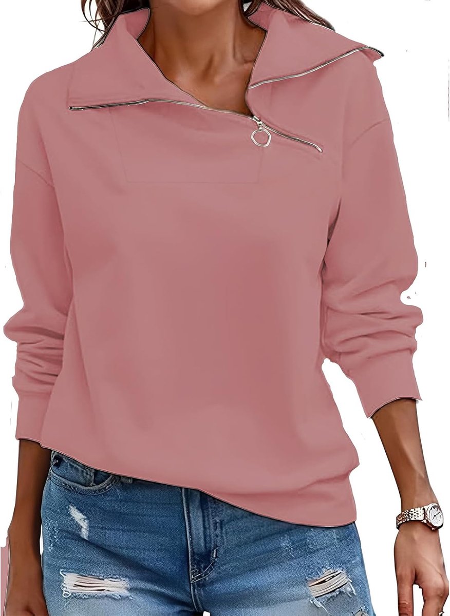 Pullover Dames Sweatshirt Herfst Kwart Ritssluiting Lange Mouwen Staande Kraag Pullover Losse Effen Casual Tops Dames