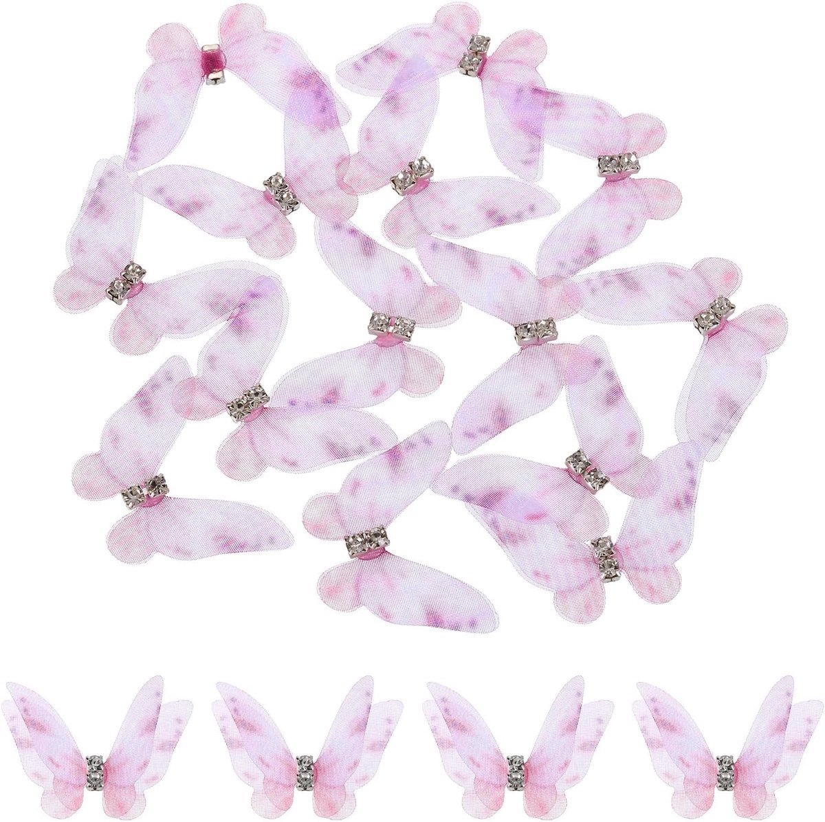 20 stuks vlinderapplicaties van tule, transparant, 30 mm, twee lagen, vlinders, met patch, applique, edelsteen, voor doe-het-zelf, 3D-ornament, voor bruiloft, feest, huis, kleding
