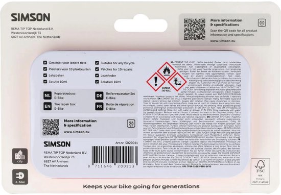 Achterkant van de Simson E-Bike bandenplakset met informatie en icoontjes.