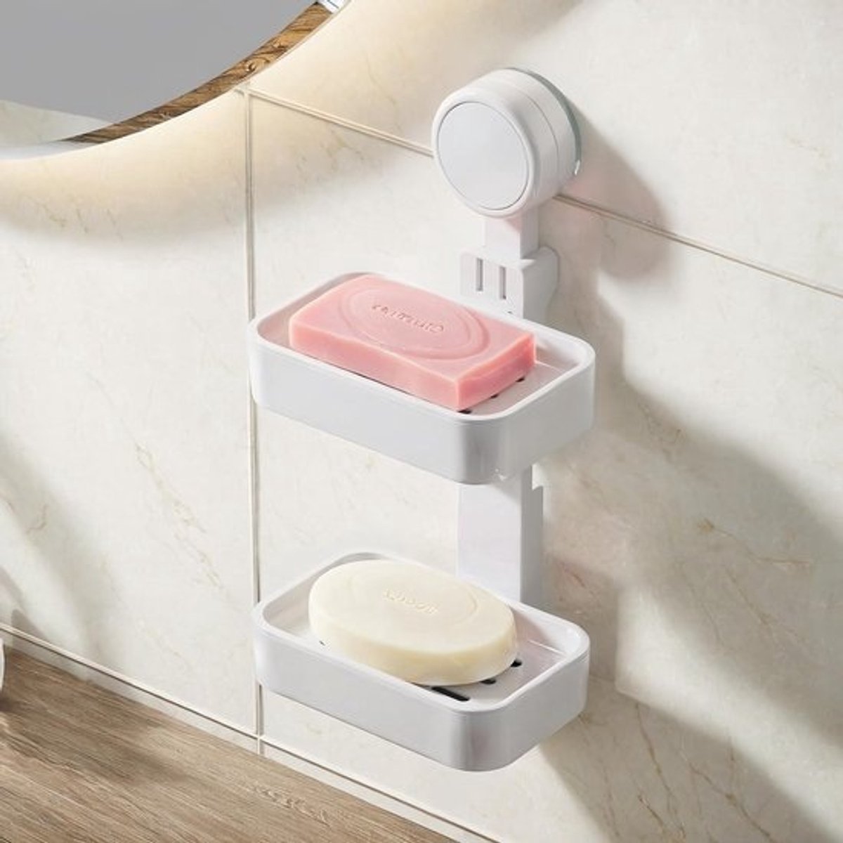 Dubbele Zeepdispenser met Zuignap voor Muurbevestiging zonder Boren, Ideaal voor Badkamer en Keuken, Met Afvoer en Modern Design