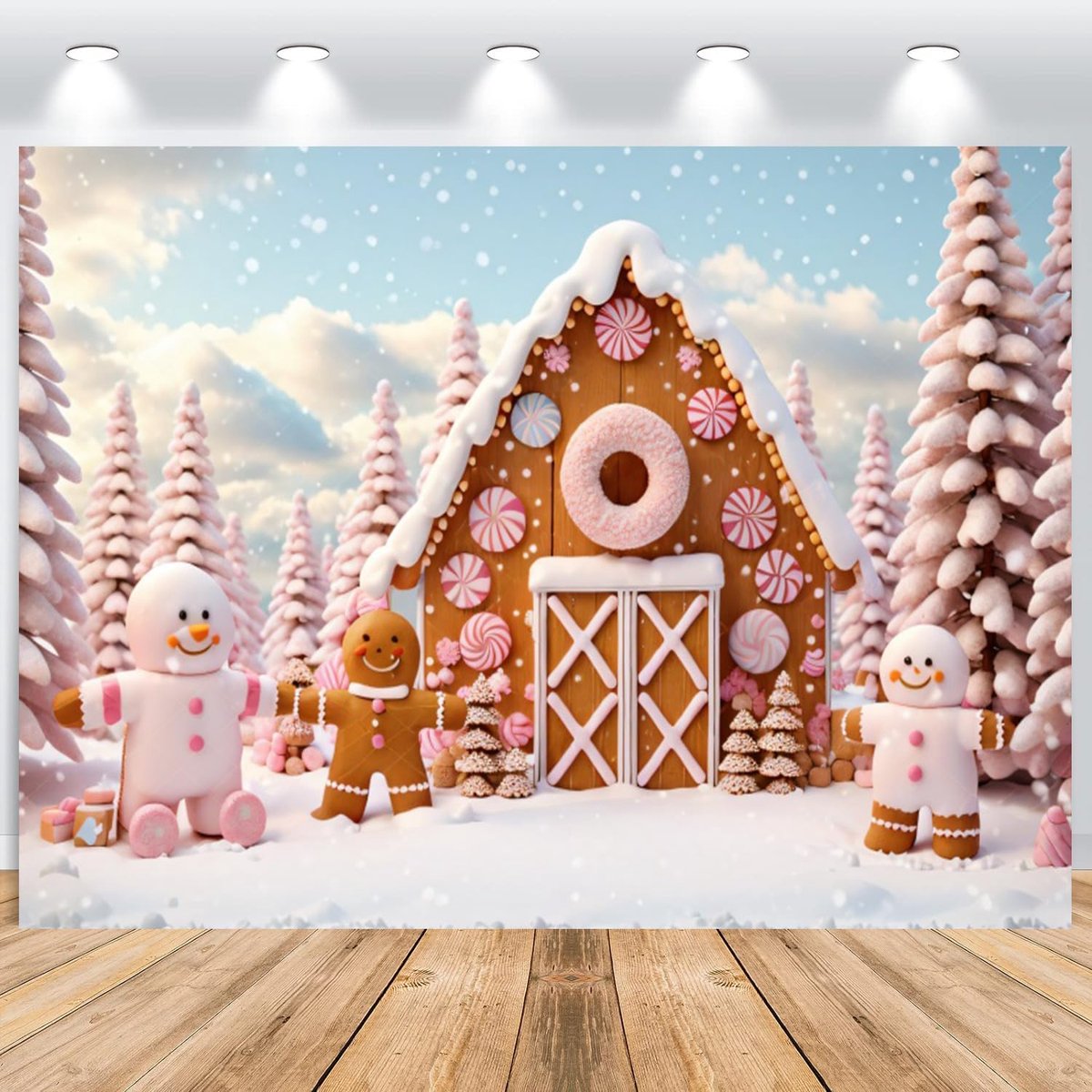 fotoachtergrond 2,2 x 1,5 m, roze peperkoekenhuis sneeuwpop donut kerstboom kinderen kerst fotografie achtergrond, vinyl familiefeest ornamenten fotowand achtergrond