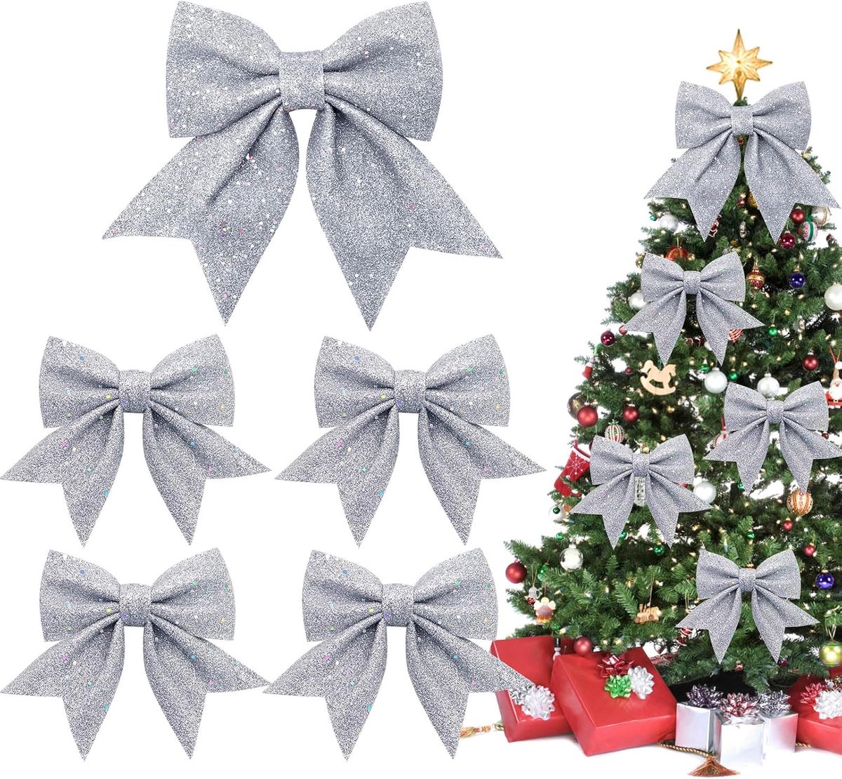 She 1+4 stuks Zilveren Linten Kerstmis Kerstboom Linten Glitzer Kerstboomversiering voor Familiefeesten, Feestdecoratie voor Kerstmis, Vakantie, Bruiloft, Feestelijkheden (2 Maat)