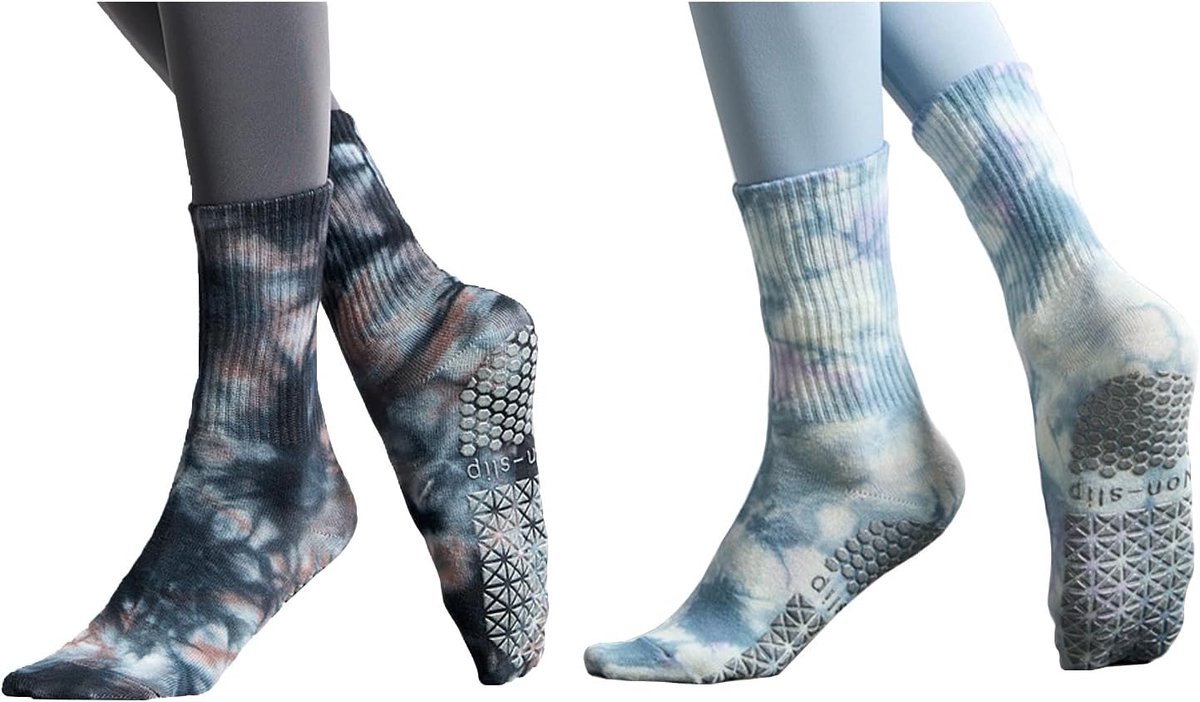 Sokken met Grips voor Vrouwen, 2 Pack Tie Dye Antislip Atletische Sokken voor Thuis Workout Gym Sport Arts Fitness Barre Ballet Dans