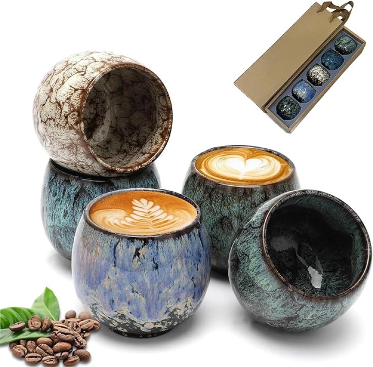 Espressokopjes set van 5 - 100 ml mini kopjes van steengoed, dikwandig, zonder hendel, gemengde kleuren, voor espresso, mokka, macchiato en thee