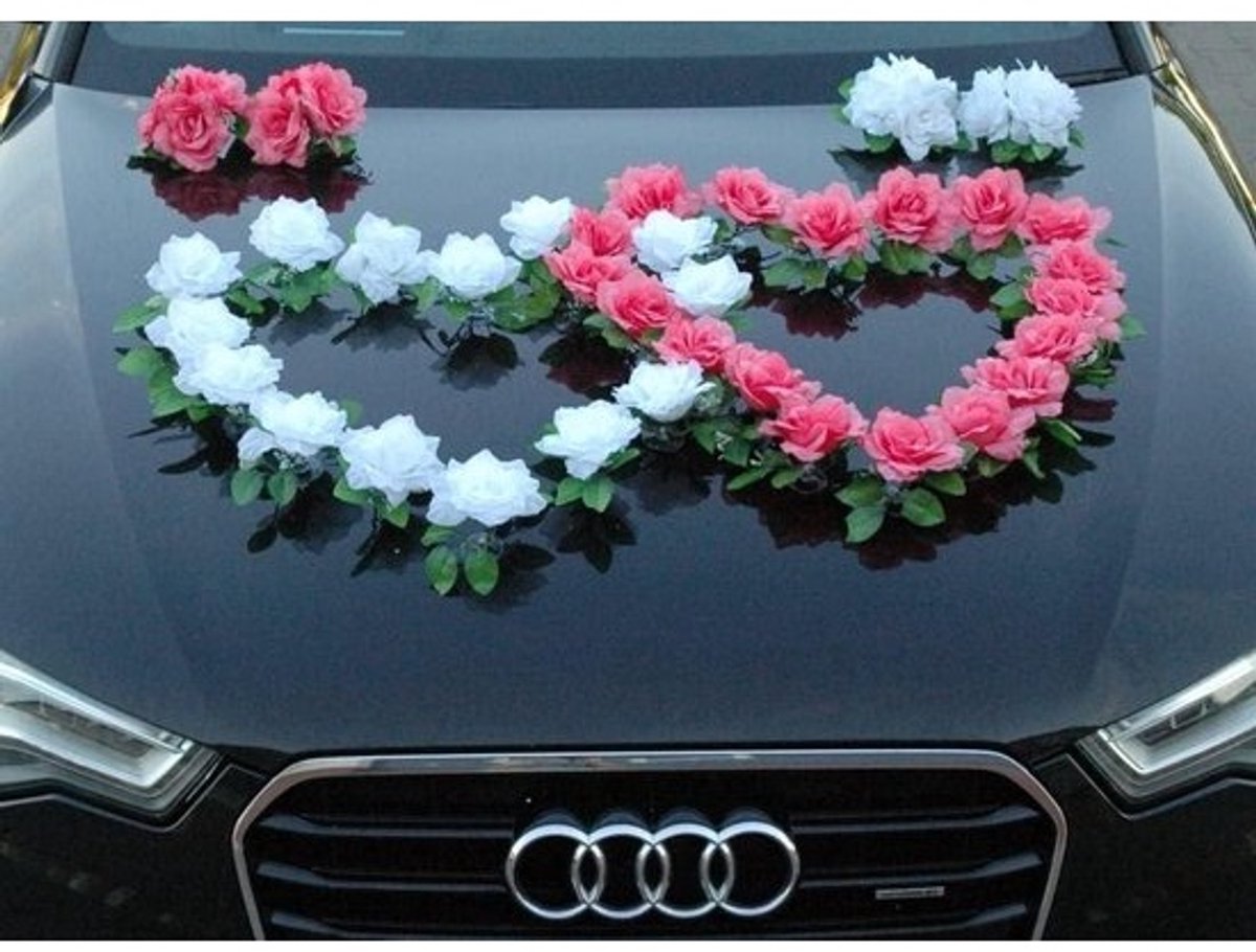 Autoslinger Dubbele Harten - Bruiloft Decoratie - Auto Versieren - Met Silicone Zuignappen - 18+14 Rozen - Wit Roze