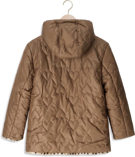 Bruine Like Flo jas met hartjespatroon, capuchon en luipaardprint voering.